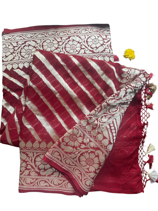 Deep red Georgette stripes saree