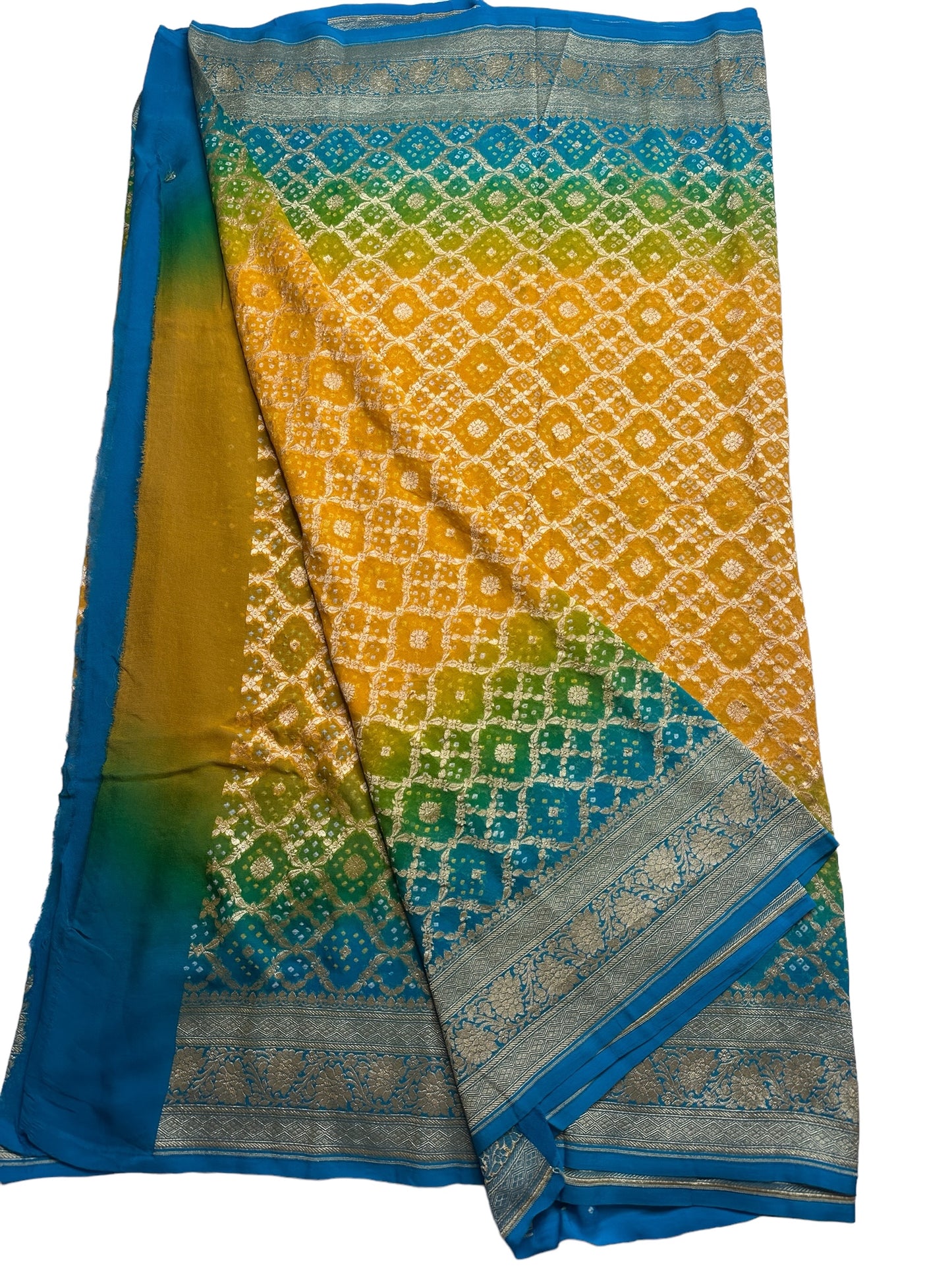 MULTI COLOURED -YELLOW-GREEN-BLUE SHADED GEORGETTE WITH A BANDHINI PRINT