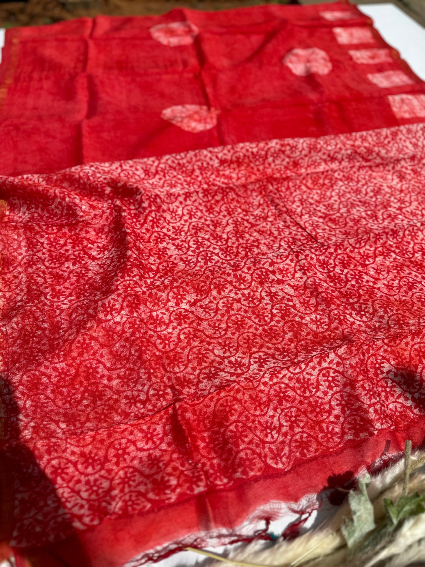 Red Cotton batik print zari less saree