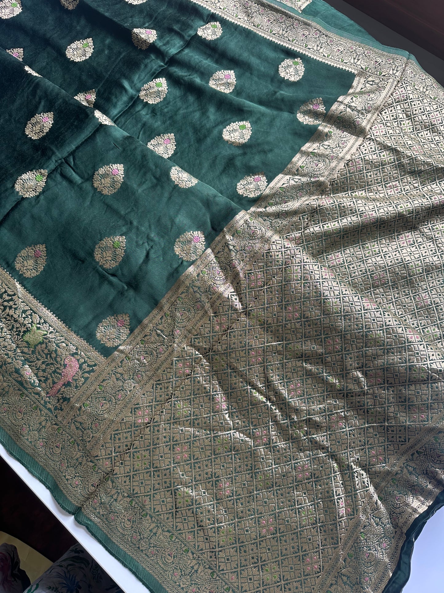 Bottle green mashru satin silk saree