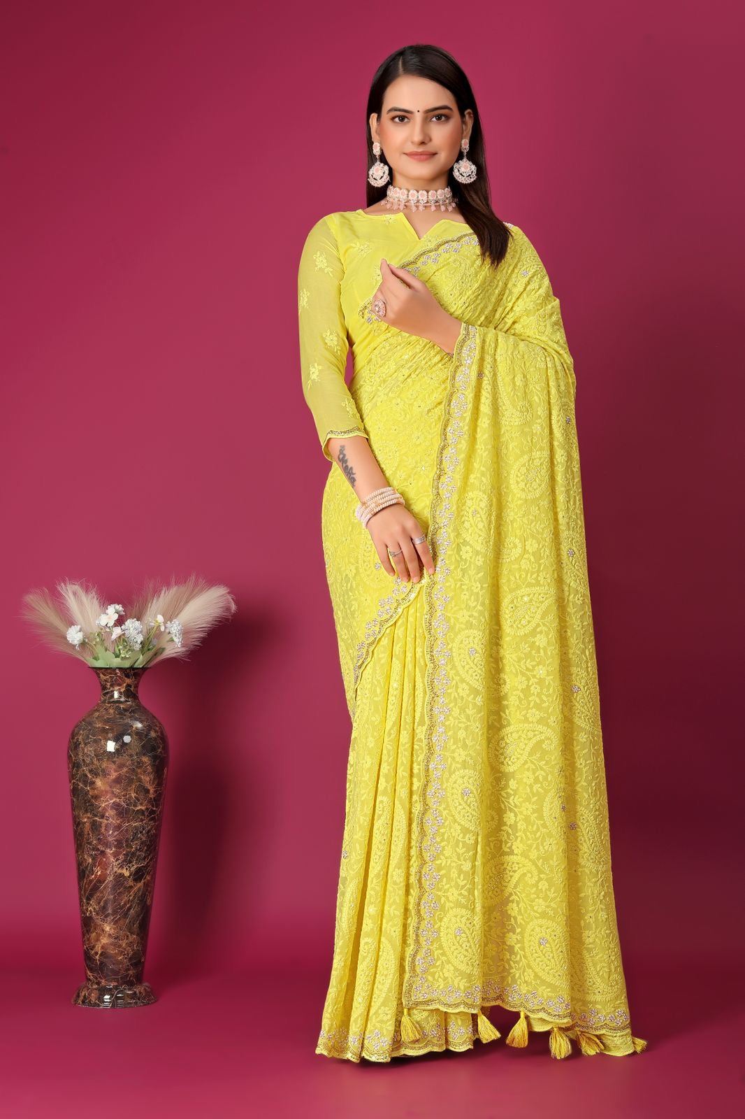 Yellow embroidery saree