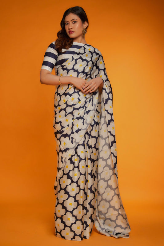 White black printed soft satin saree