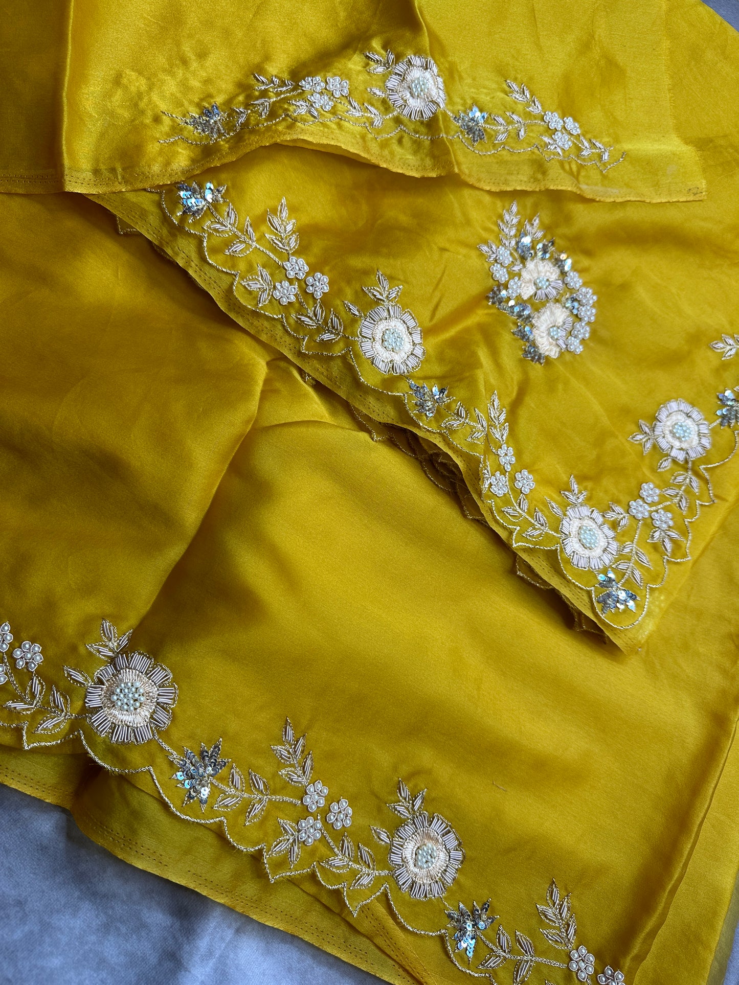 Golden yellow satin organza hand embroidery saree