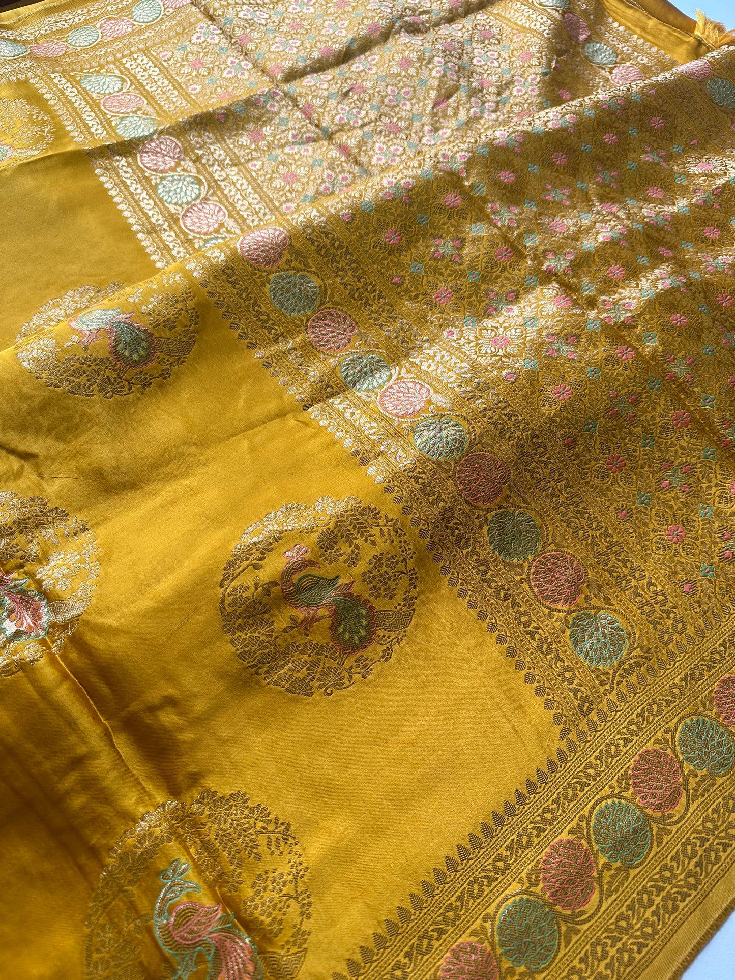 Mastard yellow mashru satin silk saree