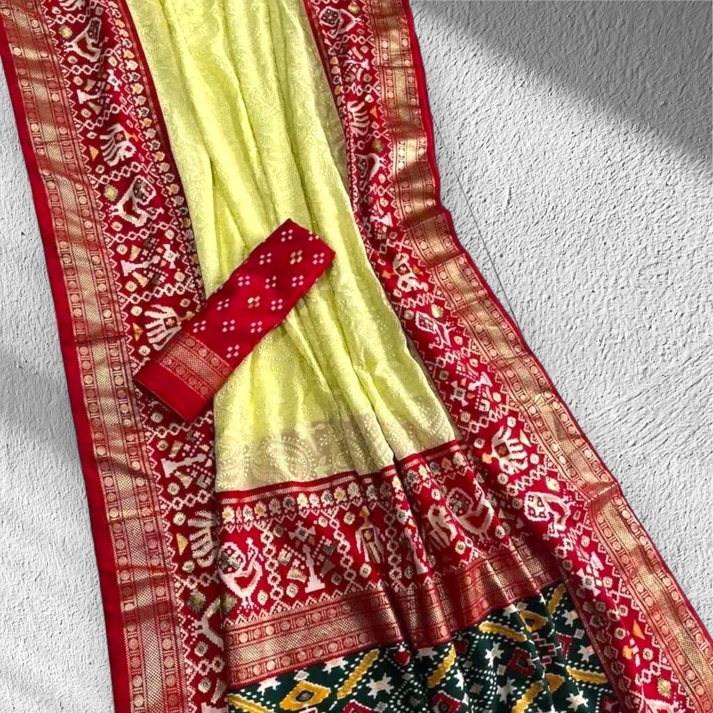 Yellow-red chikankari X patola-Georgette saree