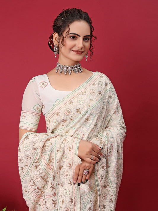 White embroidery saree