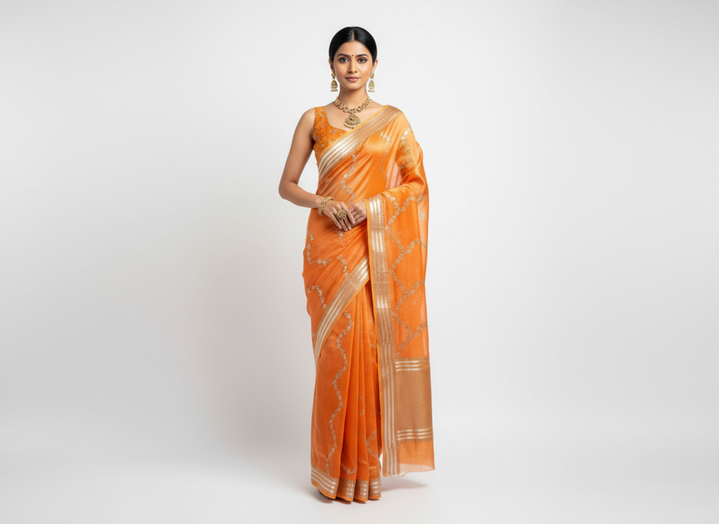 Orange pure tissue organza saree