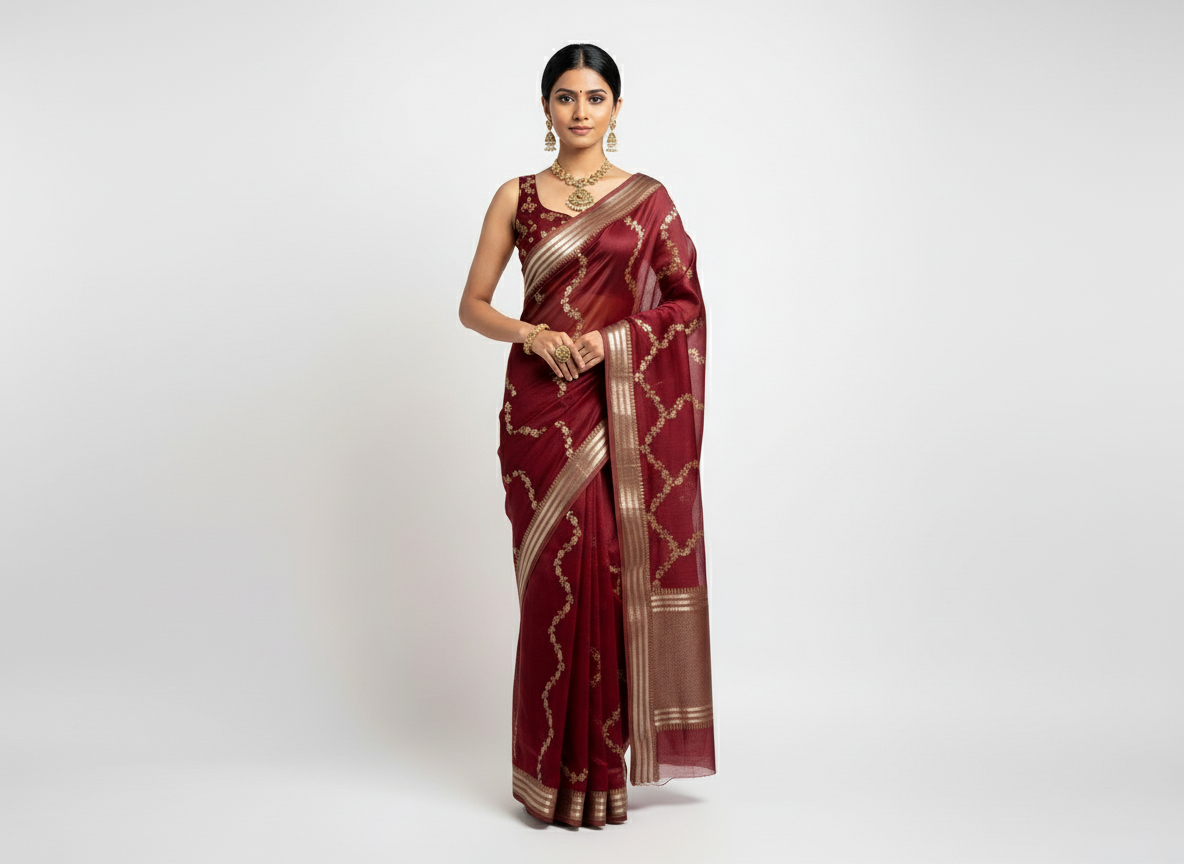 Maroon pure tissue organza saree