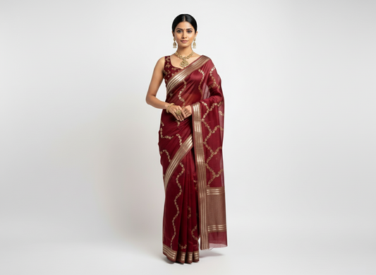 Maroon pure tissue organza saree
