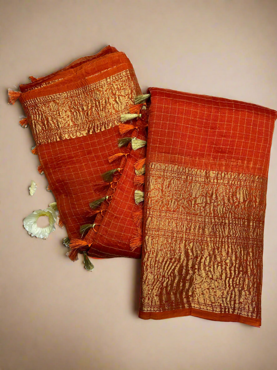 Fanta orange organza checks saree