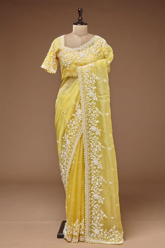 Pearl Yellow organza hand embroidery saree