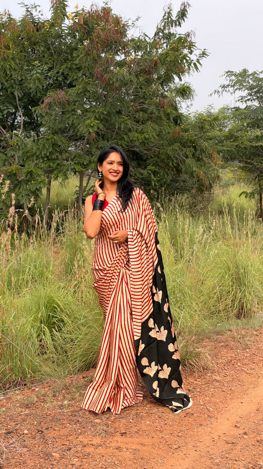 stripes modal ajrak pure silk saree