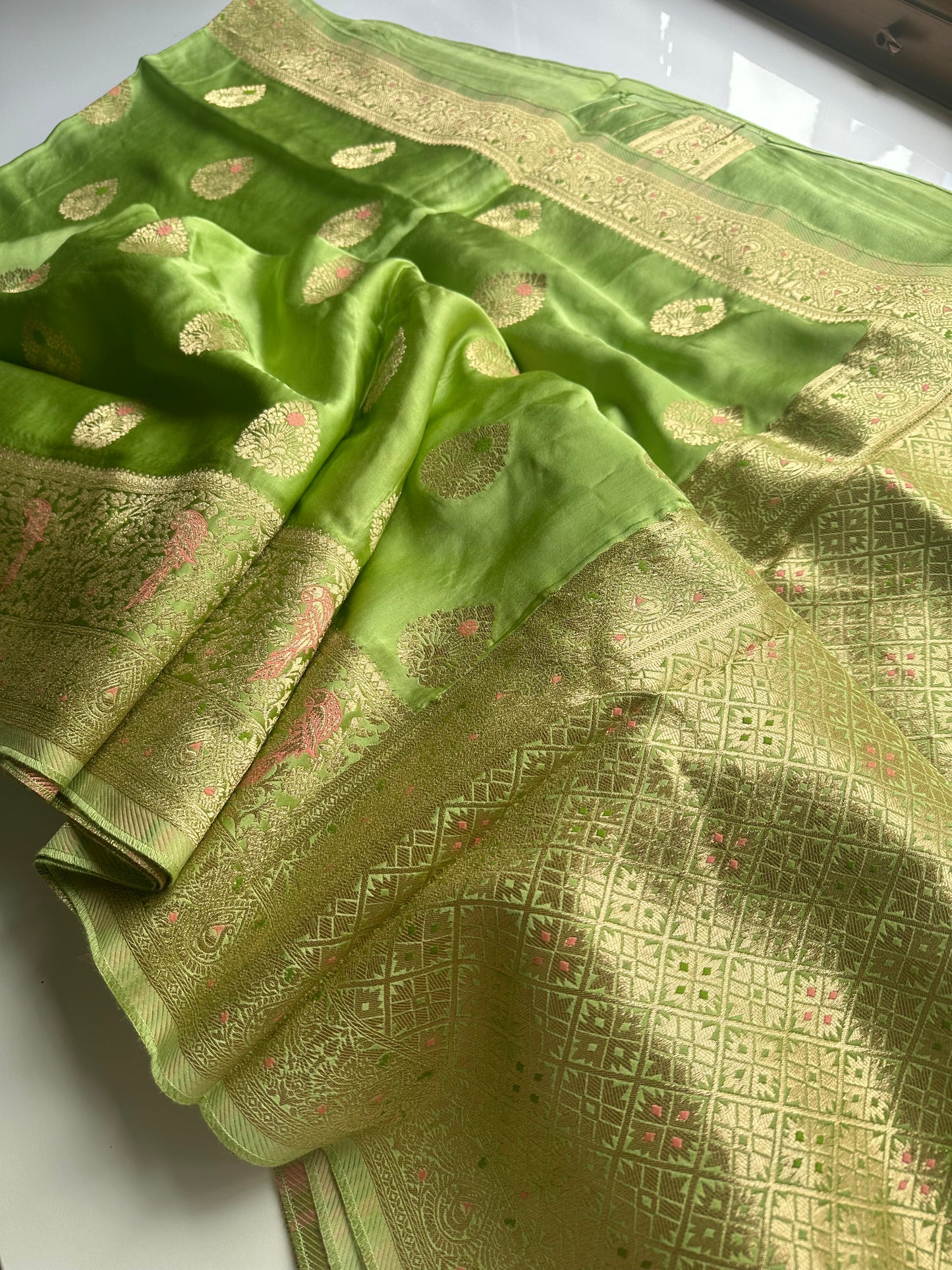 Parrot green mashru satin silk saree