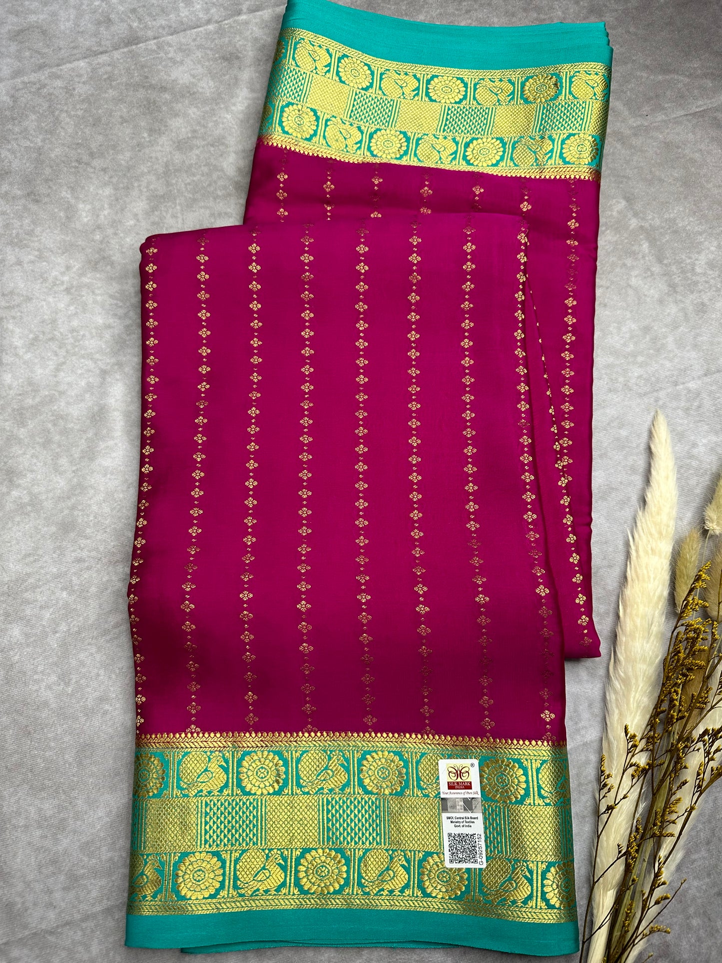 Rani pink- teal green Sudarshan gatti kalanjali pure crepe silk saree