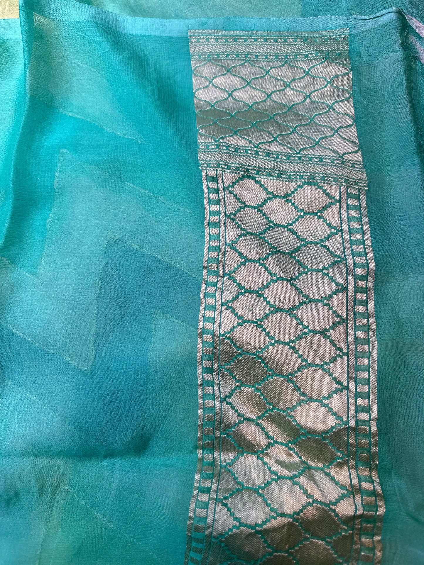 GREEN - BLUE SILVER ZARI PURE KHADDI GEORGETTE SAREE