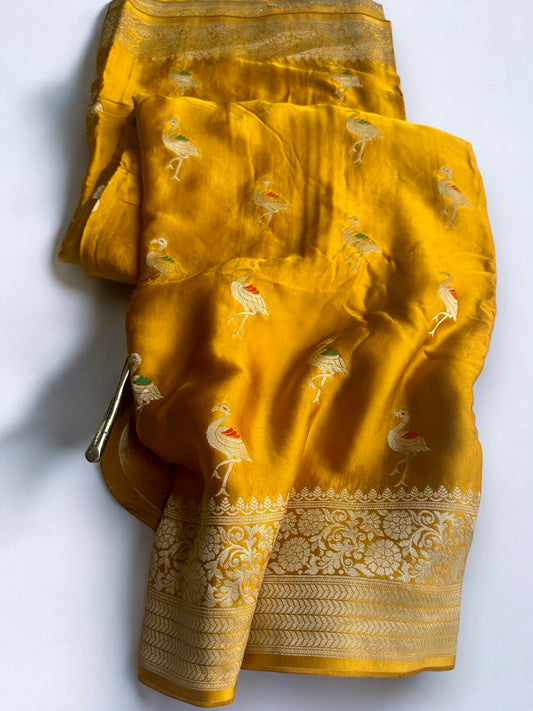 Mastard yellow mashru satin silk saree