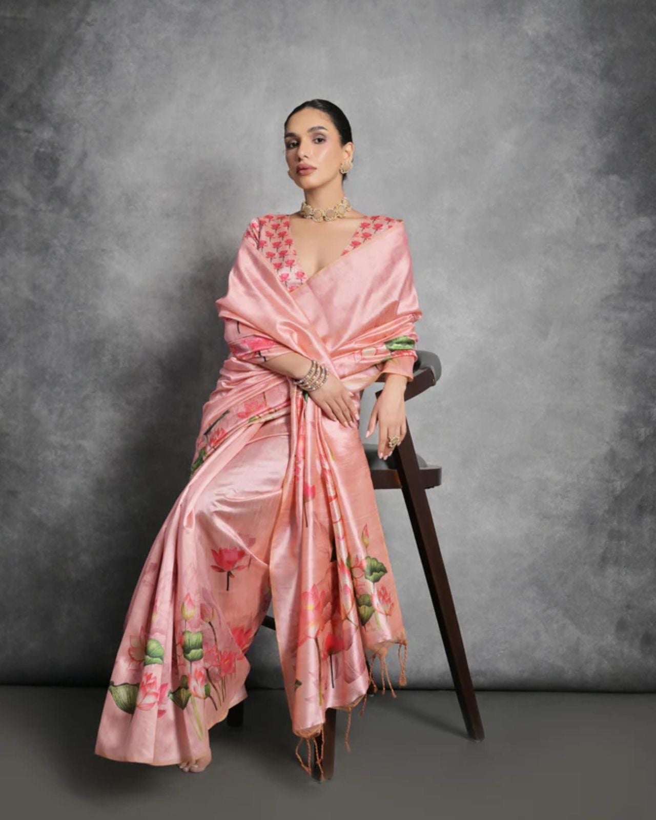 Pink Digital flower printed blouse saree