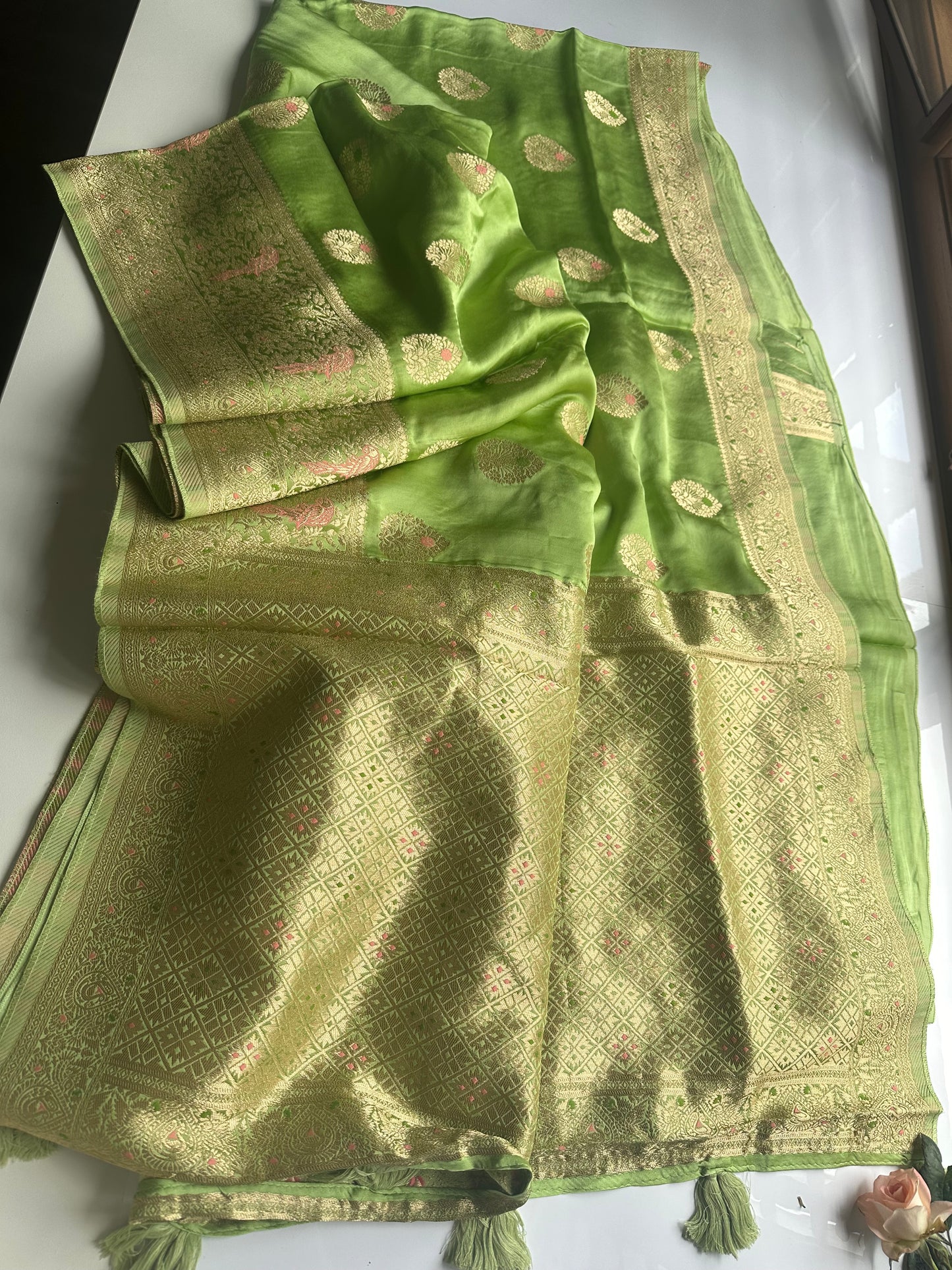 Parrot green mashru satin silk saree