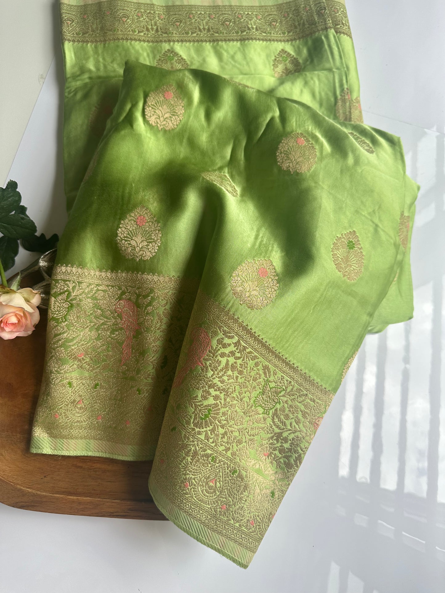 Parrot green mashru satin silk saree