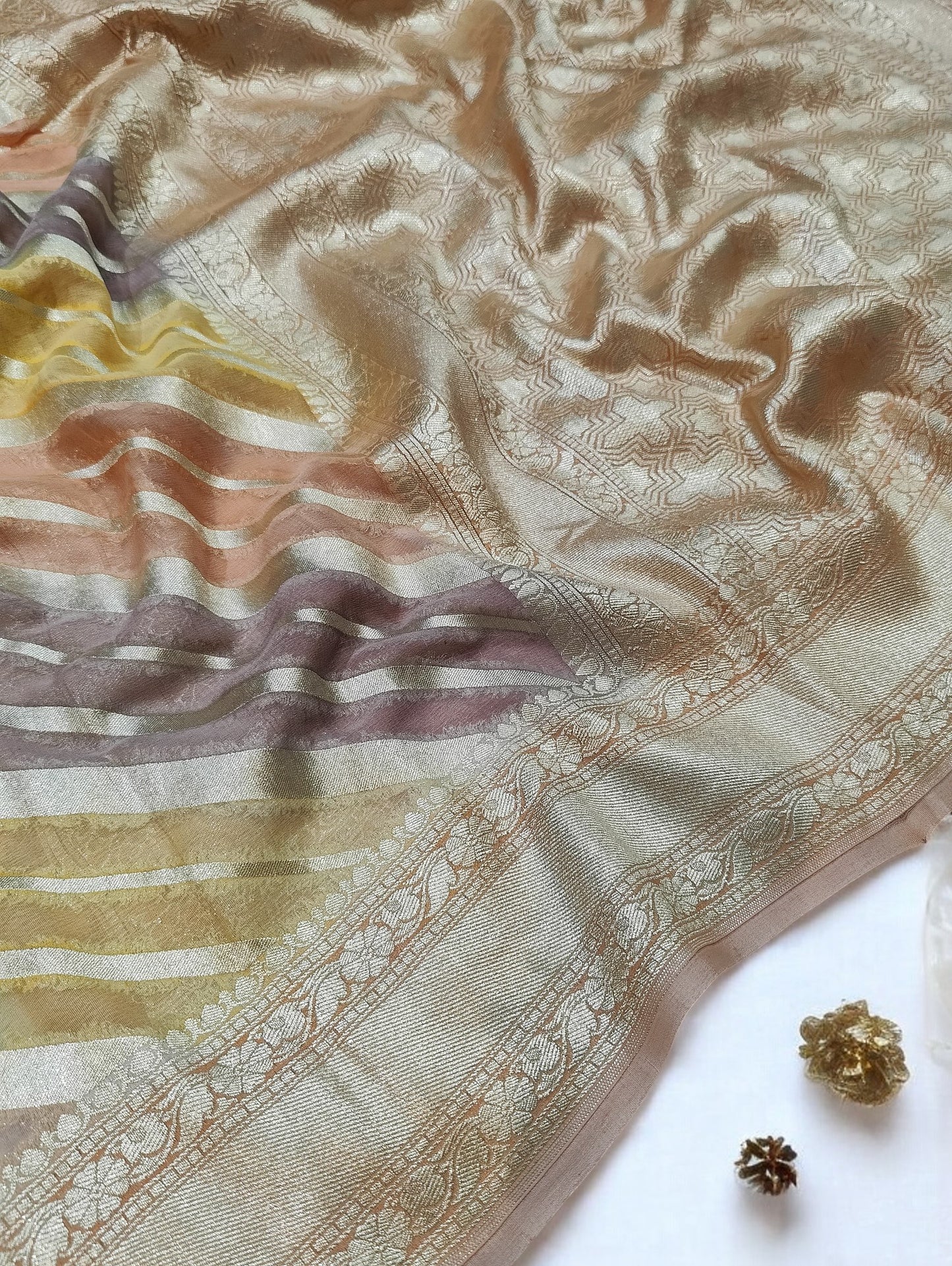 PEACH-YELLOW-VIOLET SILVER ZARI PURE KHADDI GEORGETTE SAREE