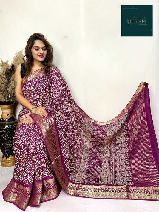 Purple printed Dola silk saree