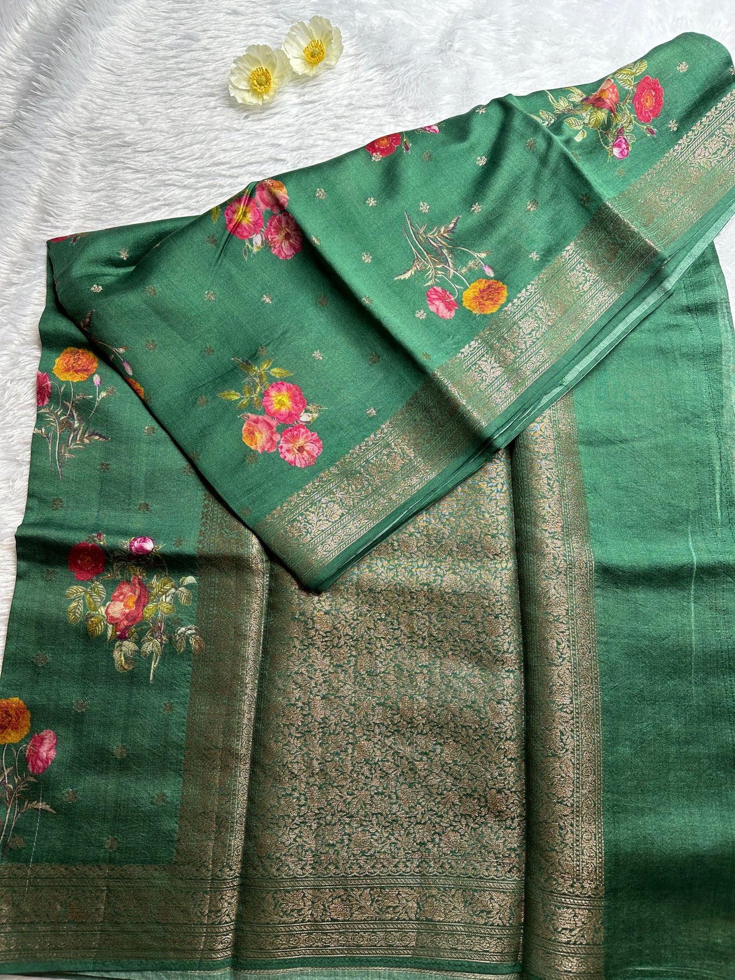 Green printed pure chiniya silk saree