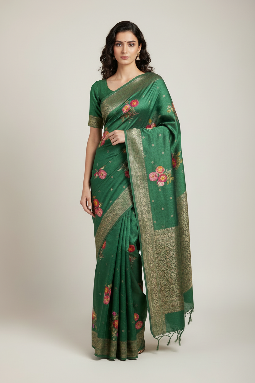 Green printed pure chiniya silk saree