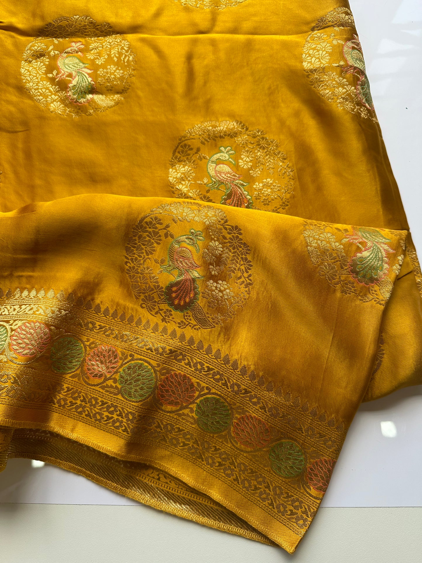 Mastard yellow mashru satin silk saree