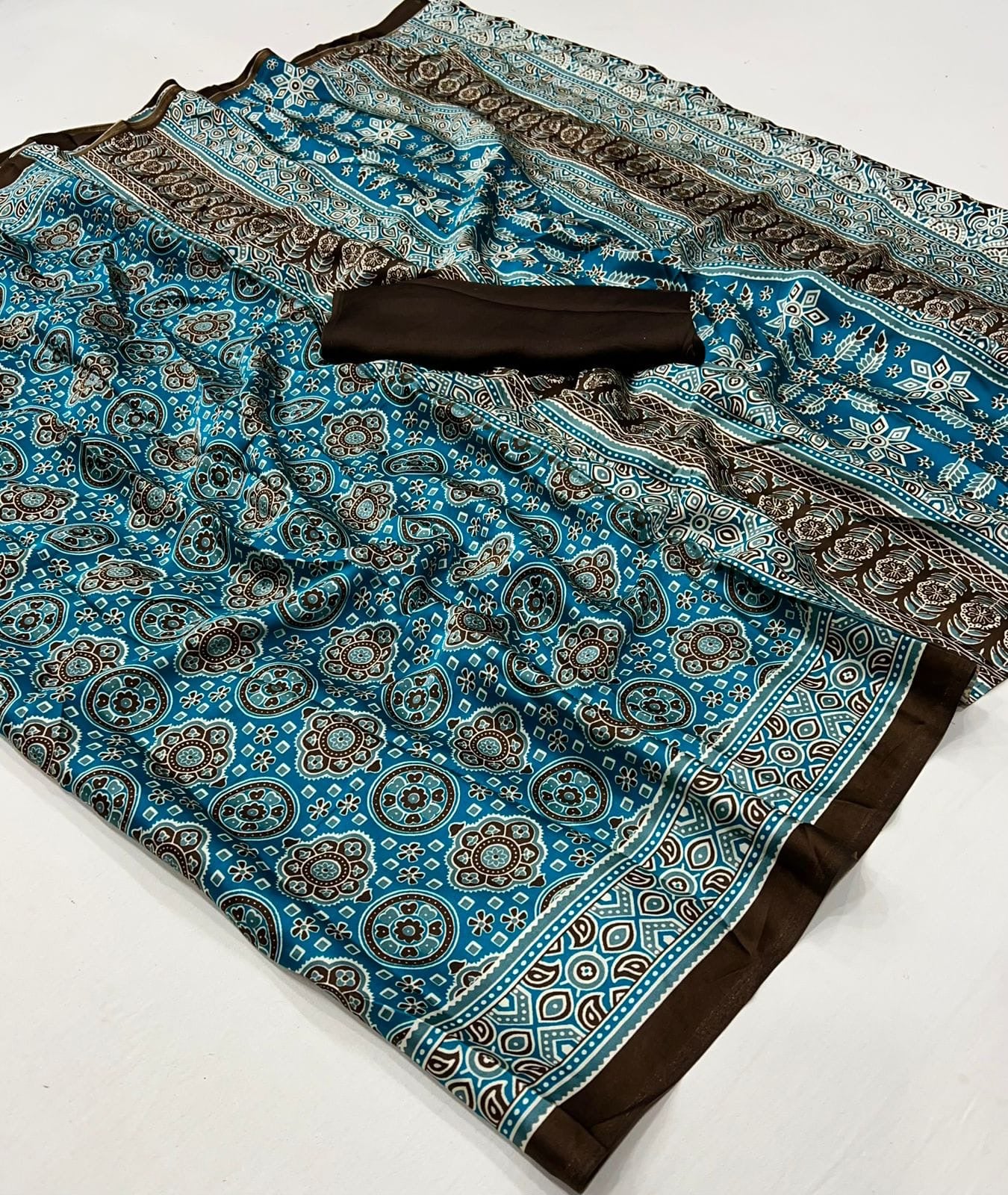 Blue Multi coloured soft modal satin saree