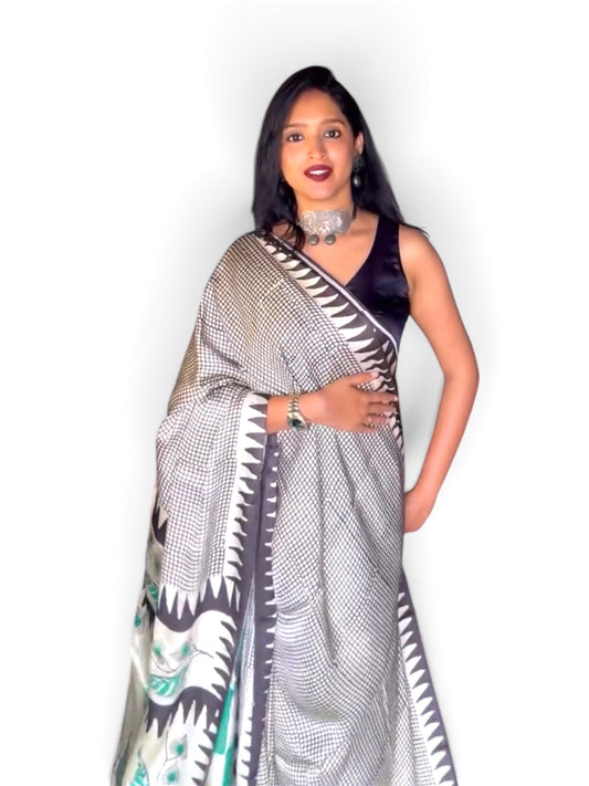 chaya checkered ajrak modal pure silk saree