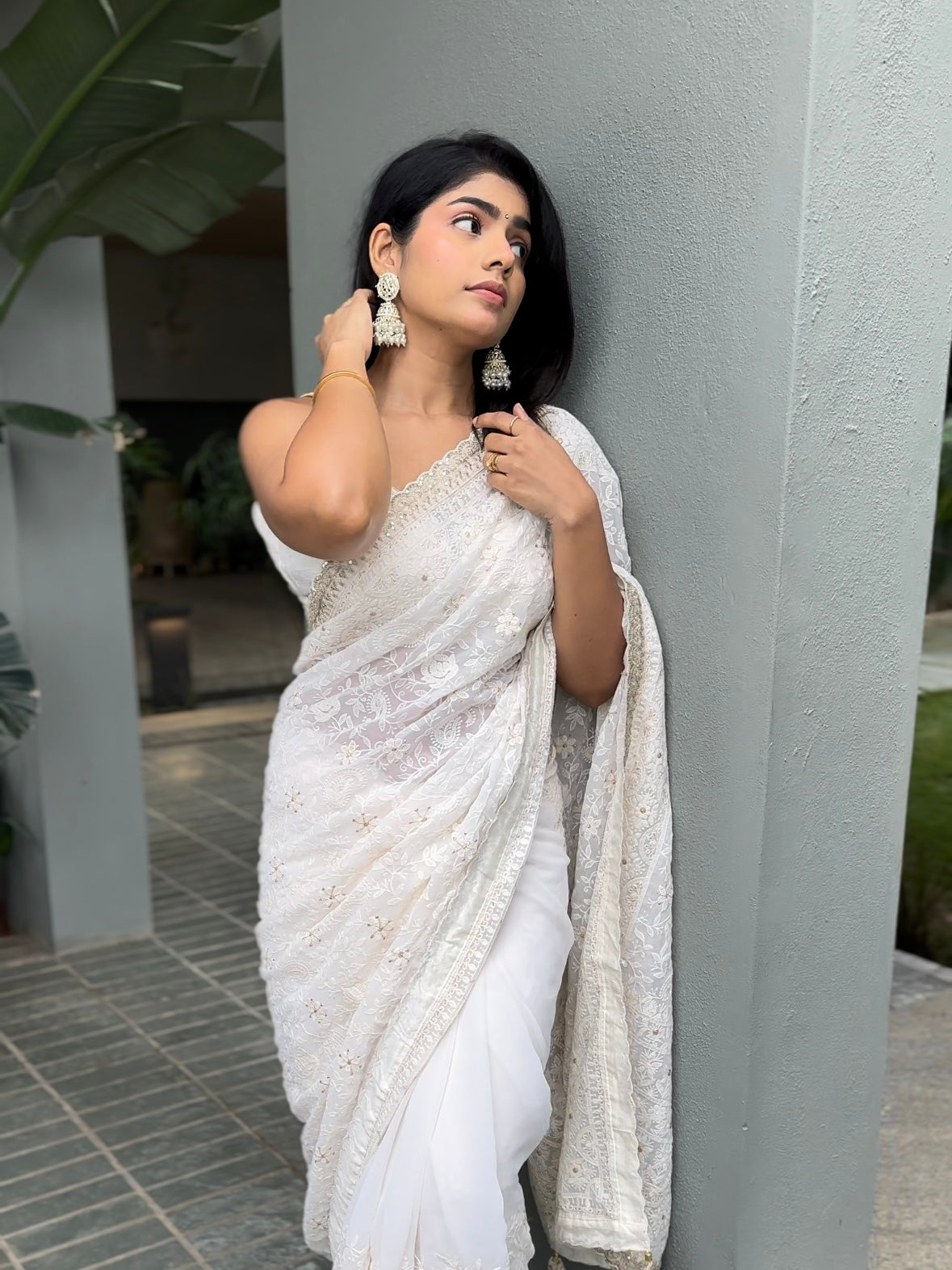 Off-white Chikankari saree