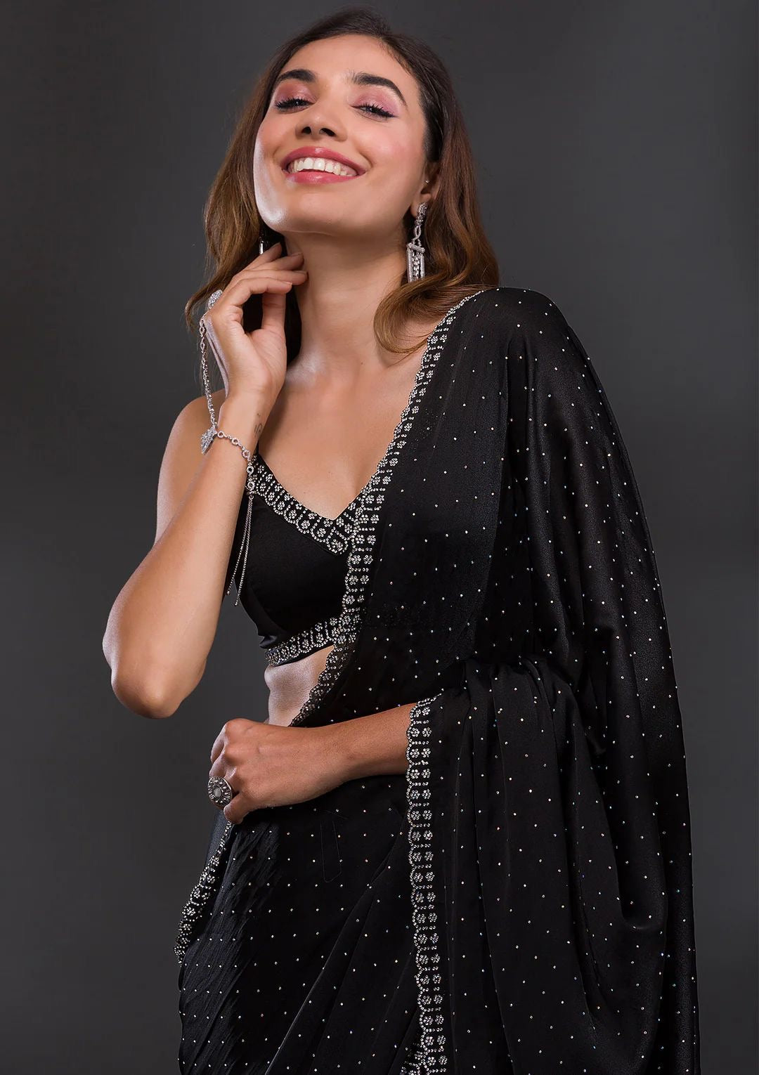 Black Chinnon crepe with diamond work saree