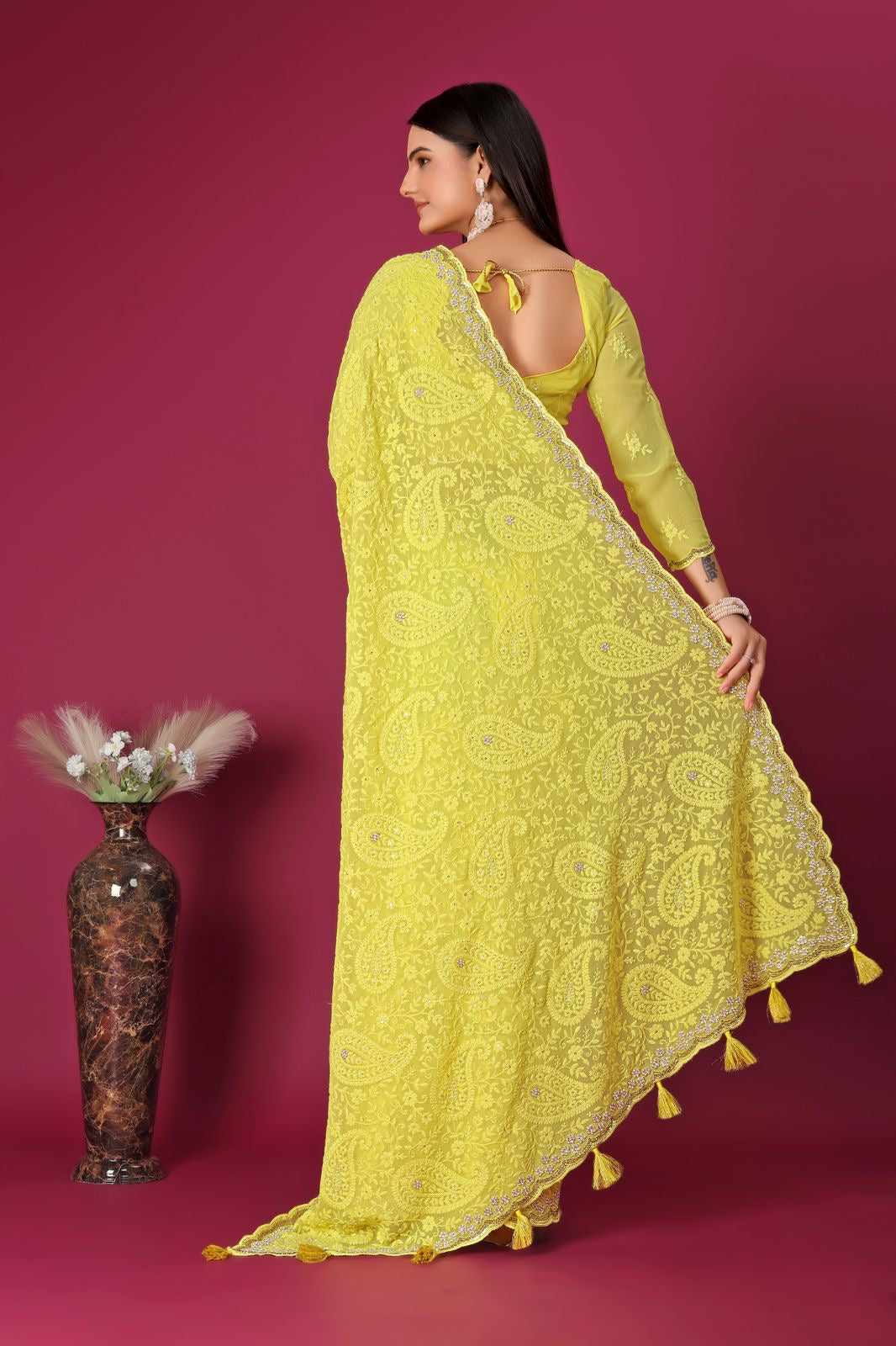 Yellow embroidery saree