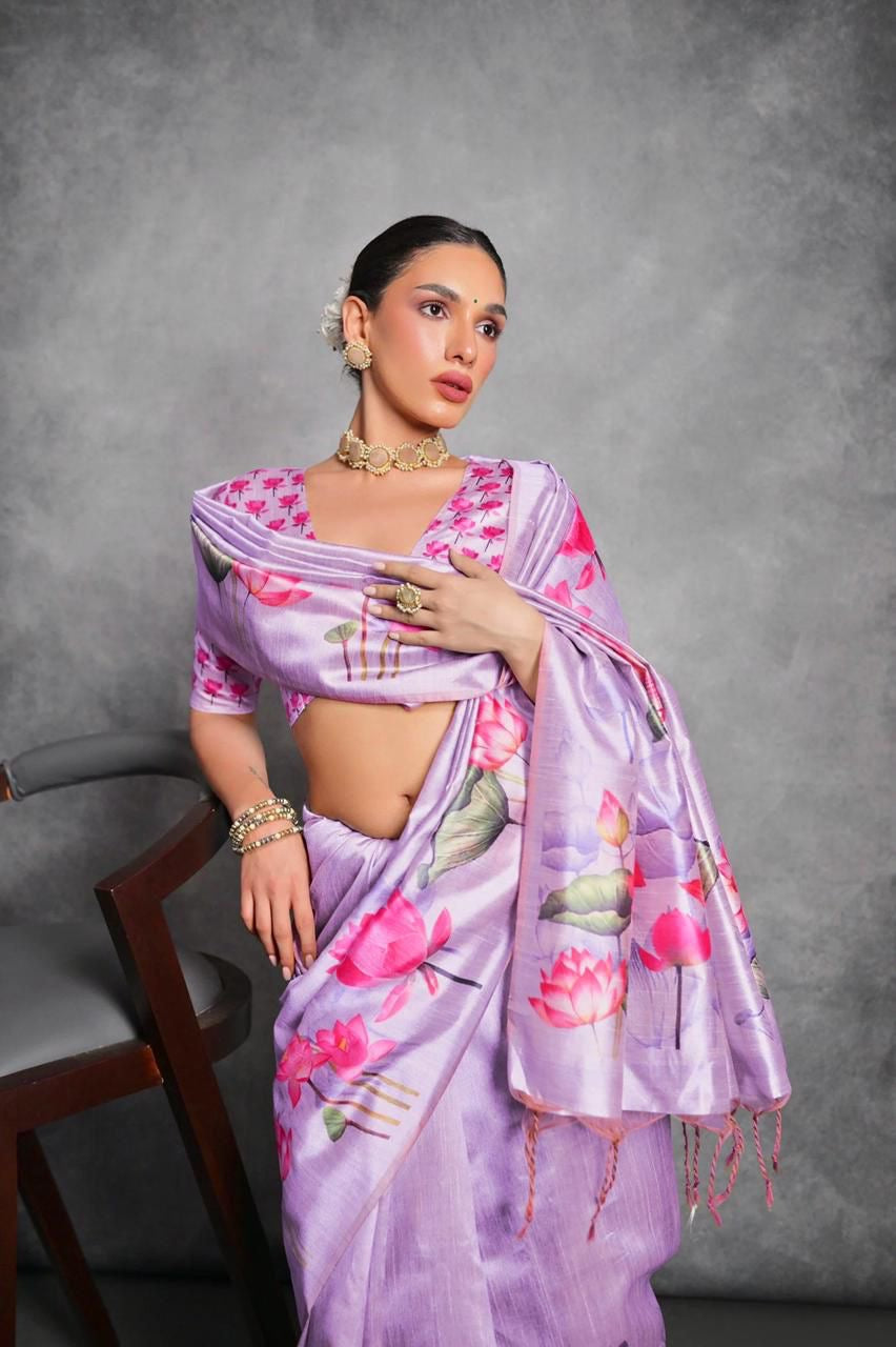 Lavender Digital flower printed blouse saree