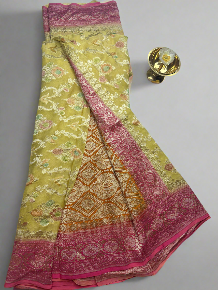 YELLOW-PINK PURE GEORGETTE SAREE