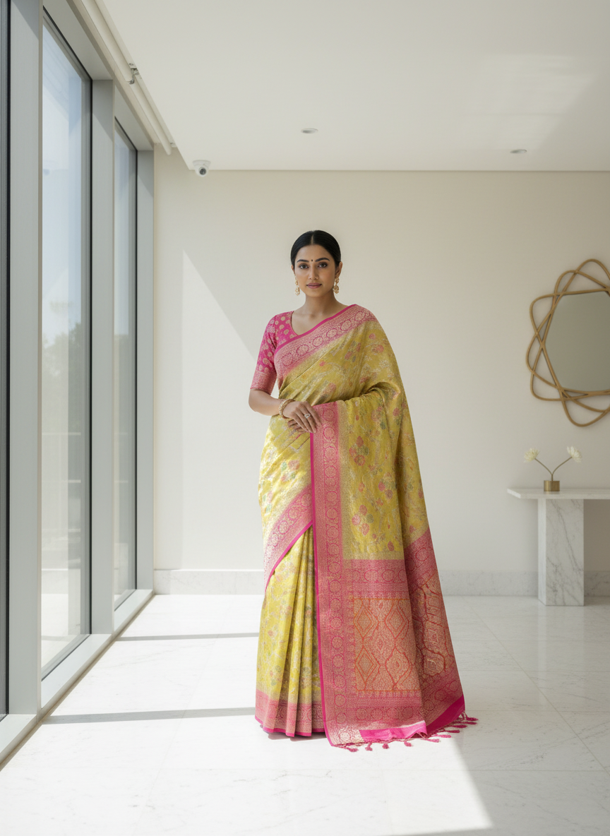 Yellow- pink pure gerogette saree