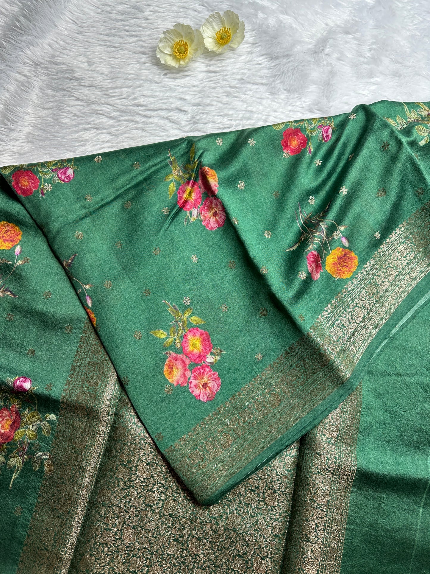 Green printed pure chiniya silk saree