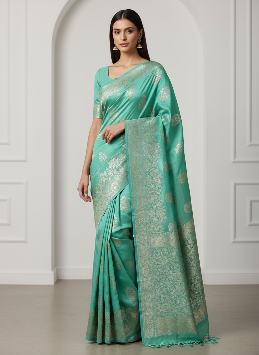 Teal green pure tussar silk saree