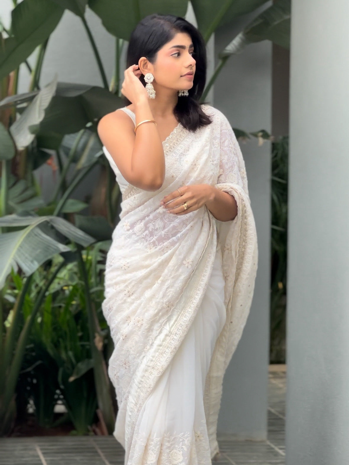 Off-white Chikankari saree