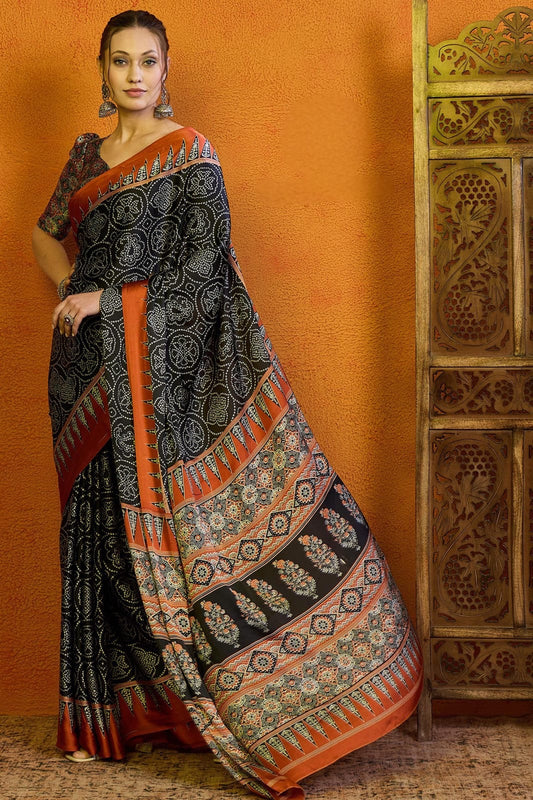 Black orange Multi coloured soft modal satin saree