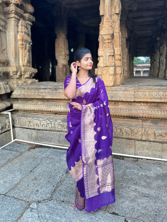 Nethra purple handloom pure organza saree