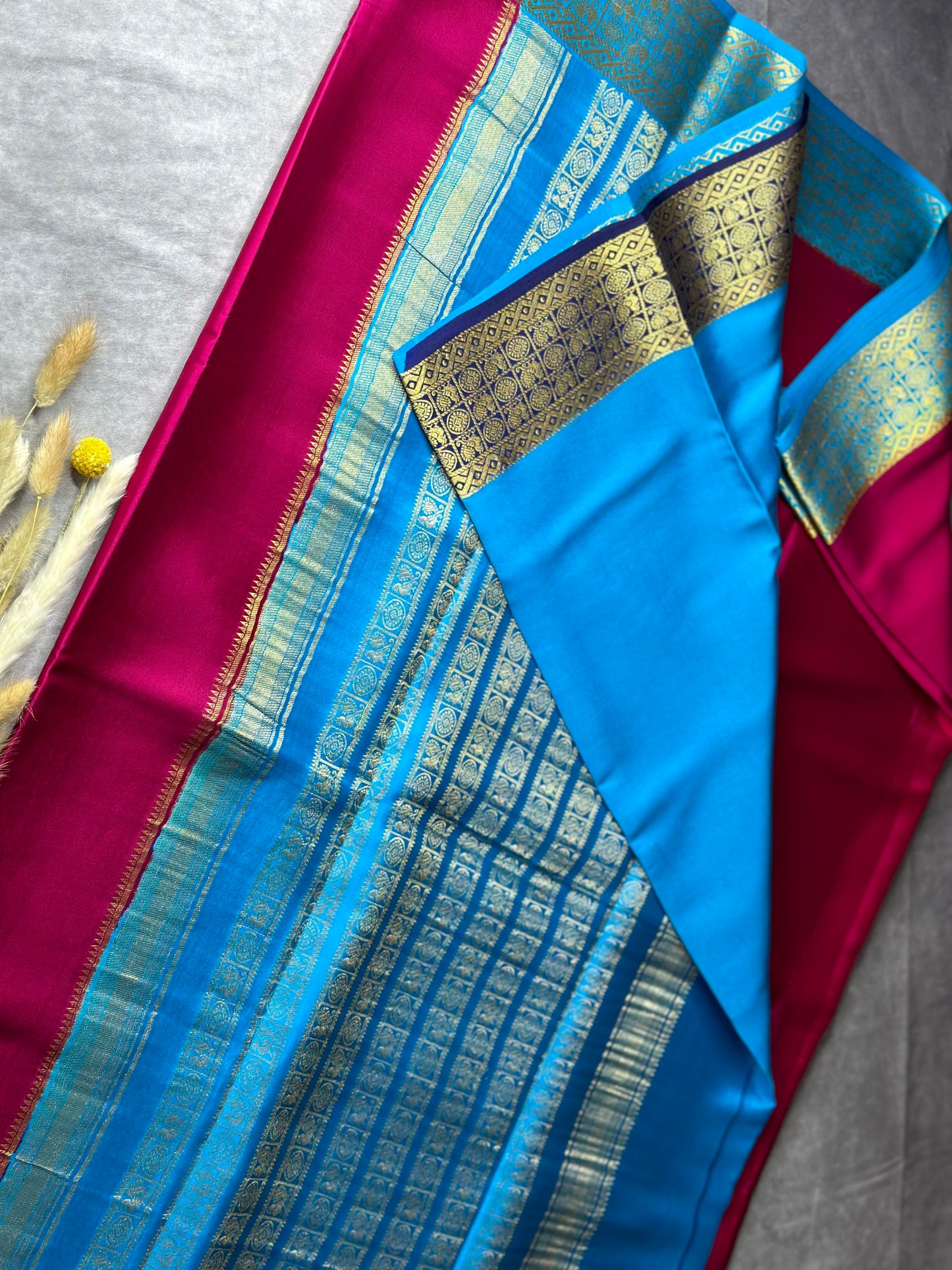 Rani pink-blue Sarika 3D skirt pure crepe silk saree