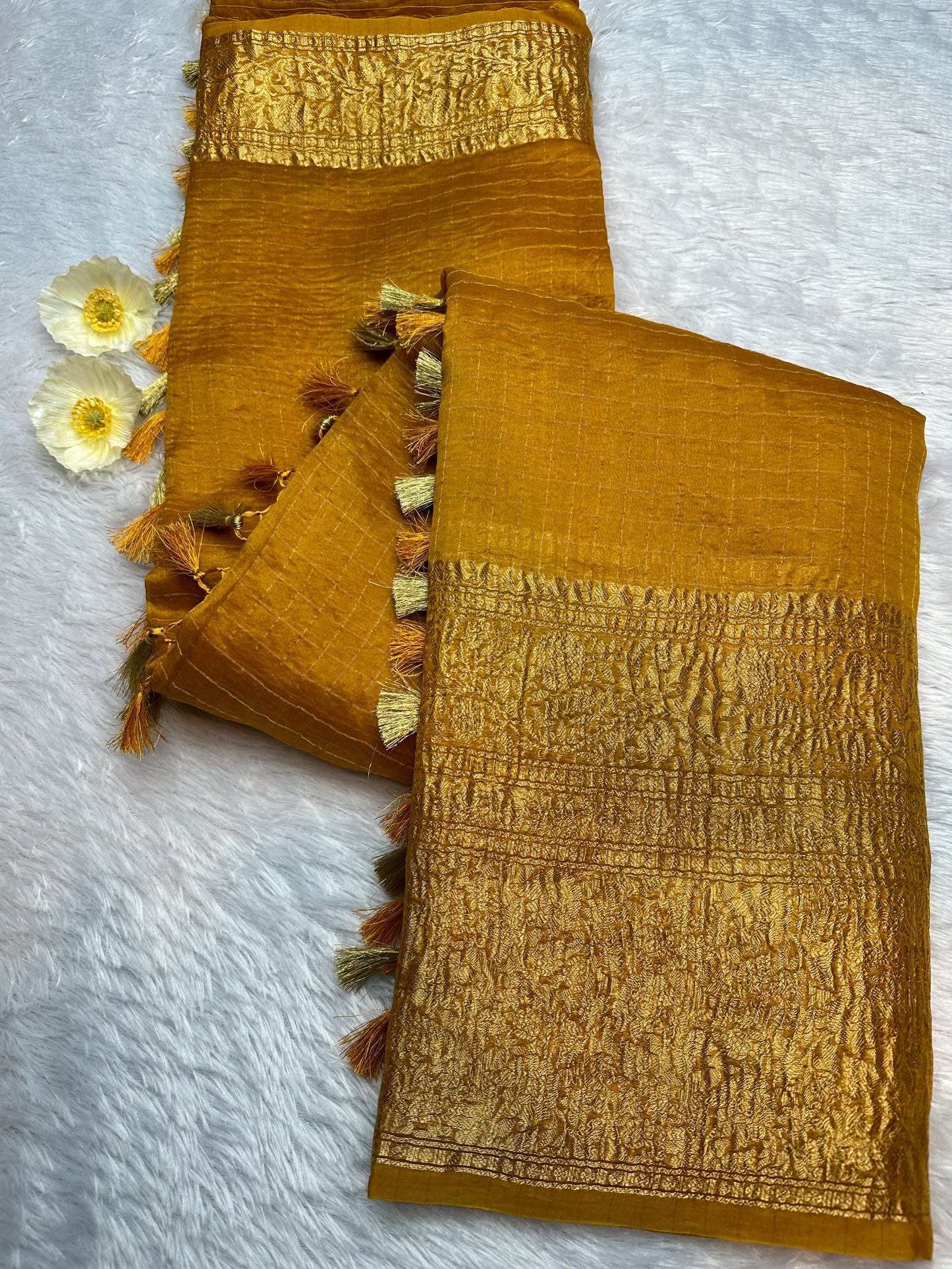 Mustard yellow organza checks saree