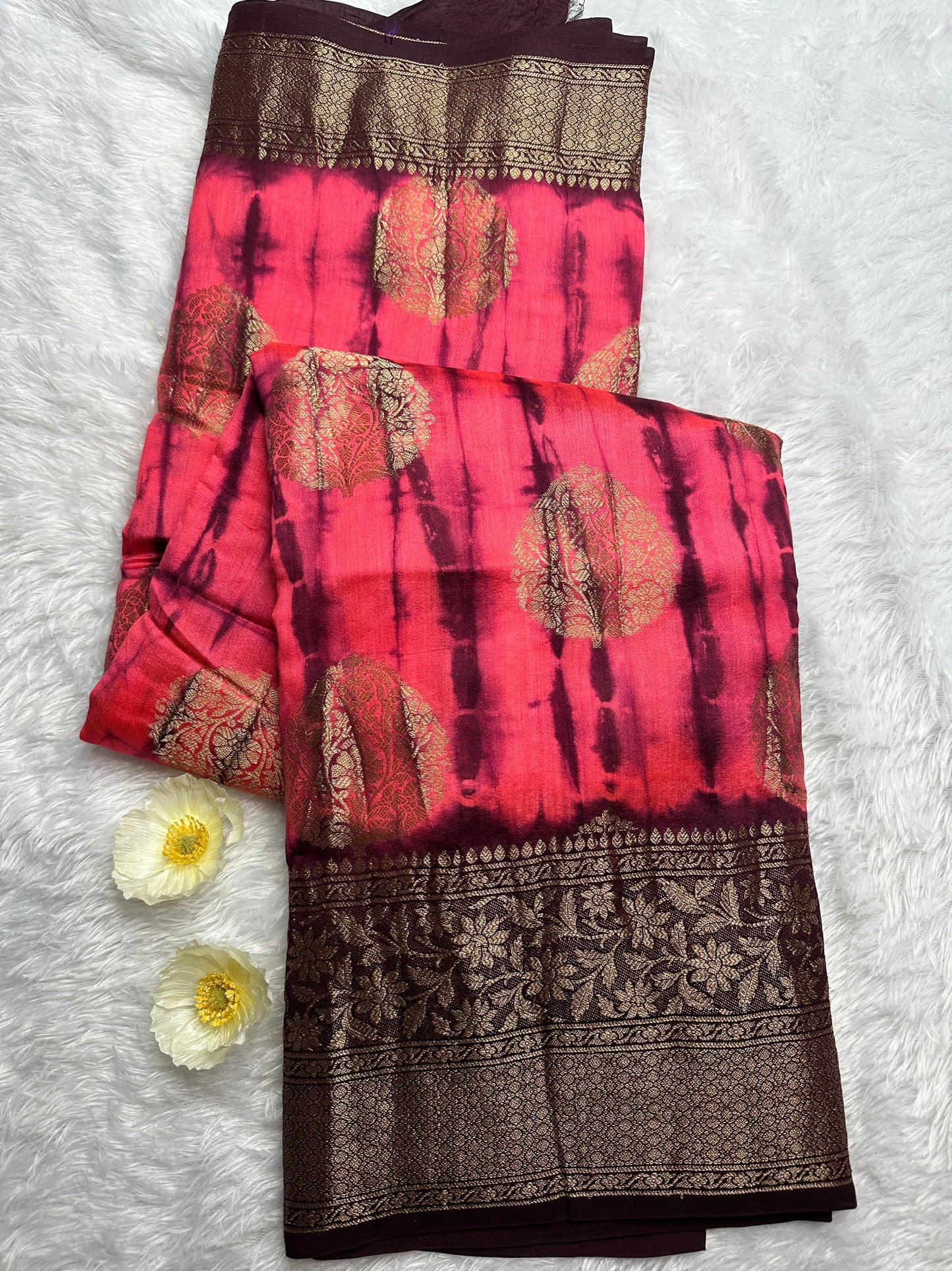 Bright coral- brown tie-dye pure chiniya silk saree