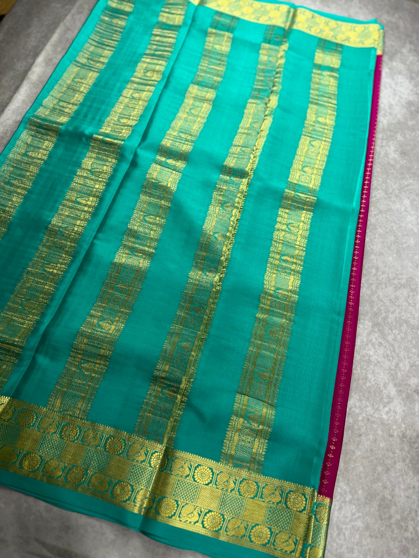 Rani pink- teal green Sudarshan gatti kalanjali pure crepe silk saree