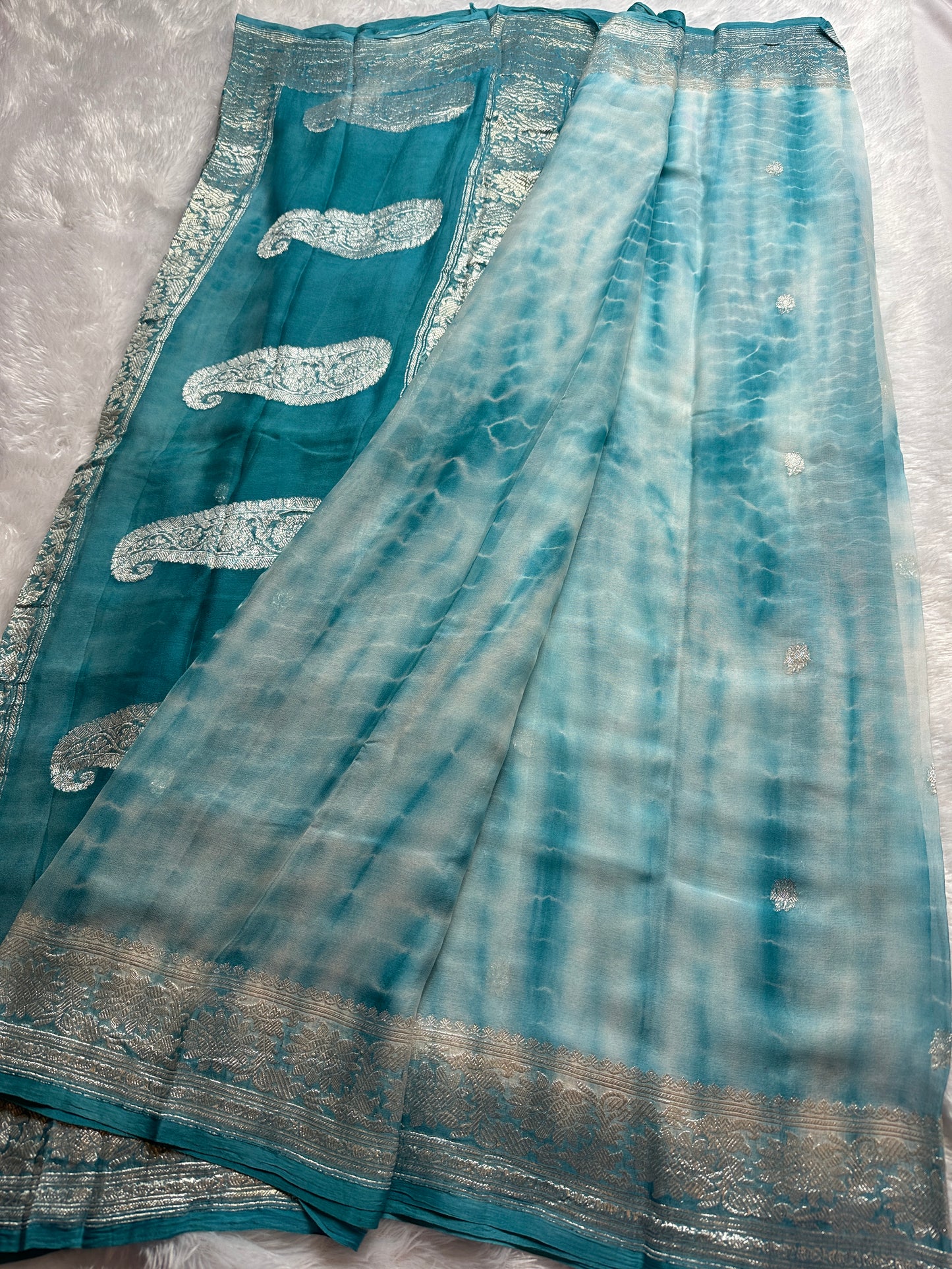 LIGHT BLUE SHADED CHIFFON GEORGETTE WITH SILVER ZARI