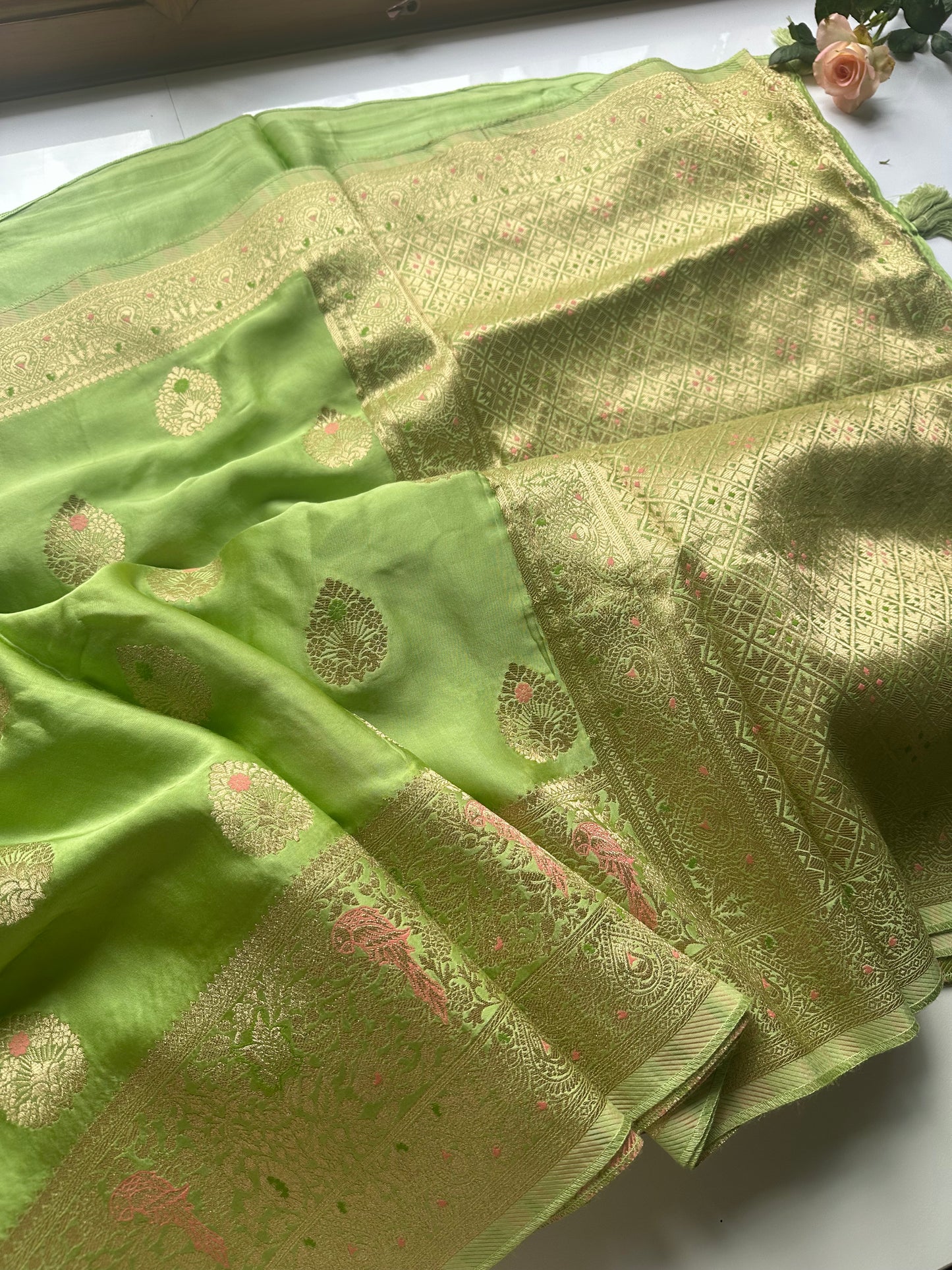 Parrot green mashru satin silk saree