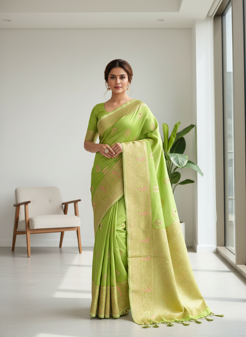 Parrot green mashru satin silk saree