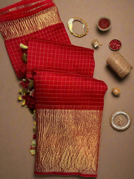 Red organza Checks saree