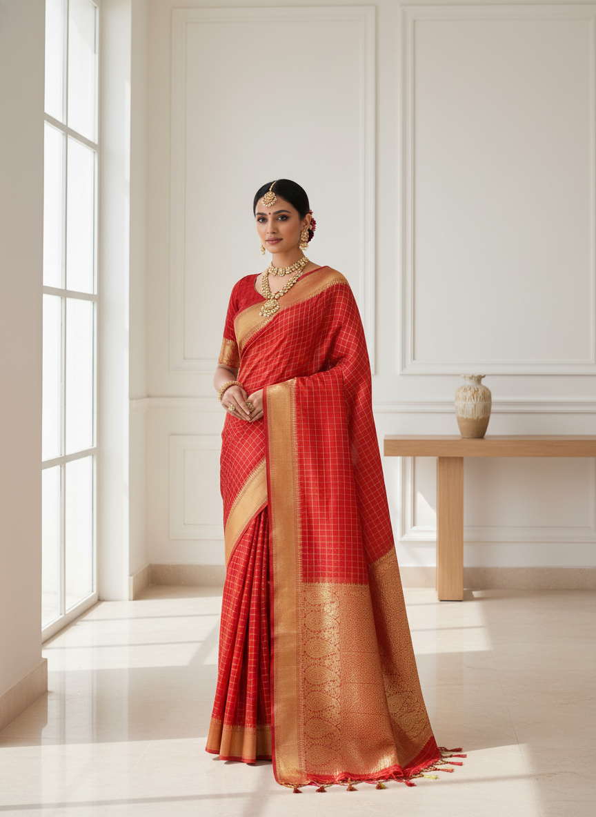 Red organza Checks saree